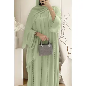 Ensemble assorti Abaya en tissu mousseline respirant à manches longues, cardigan et robe longue unie, pour toutes les saisons - Product Image 3
