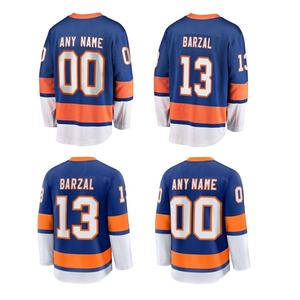 Jersey de Hockey sobre Hielo Personalizado, Uniforme de Equipo Azul Rey, Nombre y Número Personalizados 13 Barzal, Ropa Deportiva Atlética con Rayas Blancas y Naranjas - Product Image 1
