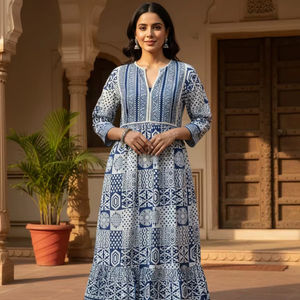 Robe Anarkali midi à imprimé floral bleu et blanc, Kurti indien traditionnel en coton, ethnique, évasée, lavable, décontractée pour femmes - Product Image 1