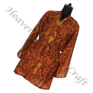 KS008 2024 Vintage seda Sari estampado Floral corto Vintage Sari Kimono Long Beach Cover UP vestido étnico indio Maxi Albornoz vestido - Product Image 3