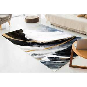 Tapis abstrait noir et or : Tapis moderne à accents marbrés, tapis fin non tissé - Product Image 2