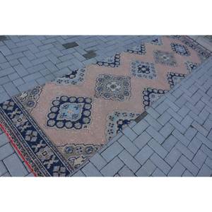 Classique Beige Bleu Vintage Tapis Turc 2.9 X 11.3ft À La Main Patchwork Conception Laine Polyester Latex pour Salon Couloir Rectangle - Product Image 2