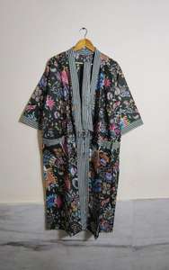 Bata Kimono de algodón con estampado de bloques para mujer, tela suave ligera hecha a mano para cubrir la playa de verano o ropa de salón informal - Product Image 3