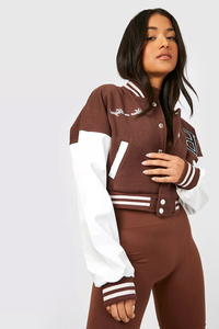 Veste universitaire unisexe avec col côtelé distinctif, manches contrastées, esprit scolaire, broderie personnalisée, équipe scolaire - Product Image 5