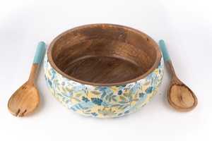 Cuenco de madera de Acacia hecho a mano ecológico de lujo para ensaladas y aperitivos con característica impresa en esmalte - Product Image 2