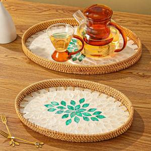 Organizador de mesa decorativo, juego de bandeja de servicio MOP de ratán, bandejas de concha de Capiz de mosaico de alta calidad - Product Image 5