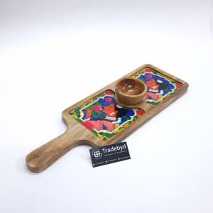 Plato largo de madera de mango hecho a mano con diseño de esmalte y mango incluye tazón de salsa-Platos y platos de Tradebyd - Product Image 3
