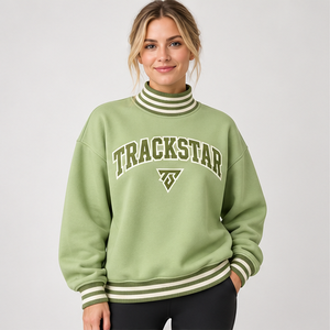 Sudadera de cuello alto color verde salvia claro para mujer con ribete a rayas en verde oliva y marfil, estilo universitario, marca privada OEM Trackstar - Product Image 1