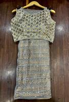 Sari Antra Lifestyle de Seda Georgette con Bordado de Lentejuelas y Encaje, Estilo Tradicional, Sin Arrugas, Protección Solar, para Todas las Ocasiones