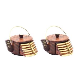 Wooden Kettle Shape Coasters for Tea Cups Coffee Mugs <b>Beer</b> Cans Bar Tumblers and Water <b>Glasses</b> - Set of 6 Sheesham Wood - Product Image 1