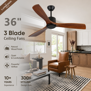 36 Inch Solid Wood Ceiling <b>Fan</b> Without Light with <b>Remote</b> <b>Control</b> 3 Blades Reversible DC Motor for Bedroom Living Room - Product Image 1