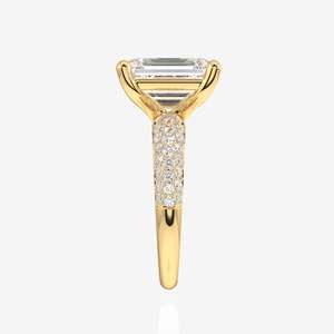 18K Gold <b>Ring</b> with Emerald Cut Moissanite Diamond Three Layer Pave Unique and Elegant - Product Image 3