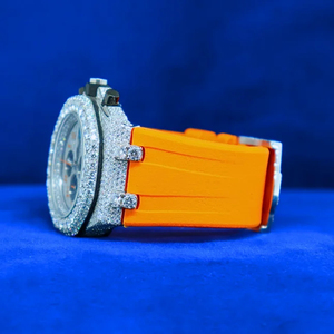 Luxury <b>Sports</b> Chronograph <b>Watch</b> 42mm Stainless Steel Full Diamond Bling Orange Rubber Strap Analog 42mm Stainless Glass Charm - Product Image 3