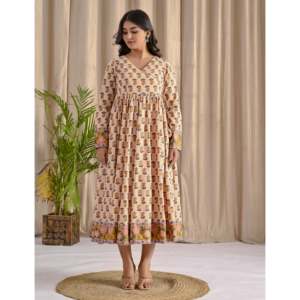 Robe longue Angrakha rose crème imprimée avec jupe évasée, vêtements indiens et pakistanais - Product Image 5