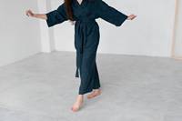 Ensemble en coton et lin pour femme, confortable, bleu, kimono long, culottes à jambes larges, boutons naturels, grande taille, écologique, simple