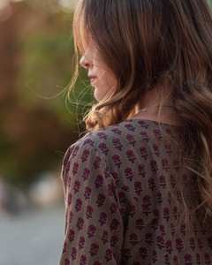 Hand Block Printed Reena <b>Dress</b> Bohemian <b>Calf</b> <b>Length</b> Floral Brownish Grey Maroon Handmade - Product Image 2