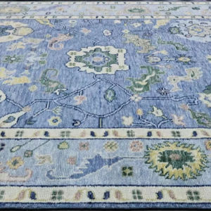 Oushak พรมขนสัตว์ถักลายดอกไม้สีฟ้าลายนามธรรมพรมตุรกีปรับขนาดได้ตามต้องการ - Product Image 2