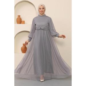 Grey MSW12238-5 Evening Dress with Pearl Detail <b>Tulle</b> <b>Material</b> Polka Dot Pattern Maxi Length Natural Waistline - Product Image 3