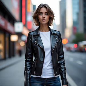 Ropa deportiva para mujer Chaquetas recortadas de cuero genuino con cremallera para motorista | Chaqueta de cuero pesado con cuello vuelto de piel de oveja para mujer - Product Image 5