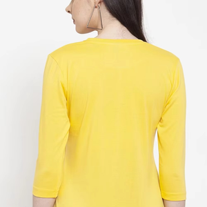 Camiseta de Mujer Amarilla con Cuello Redondo y Manga Tres Cuartos, Corte Regular, Color Sólido, Estilo Casual, Primavera Verano, Tejido de Algodón - Product Image 6