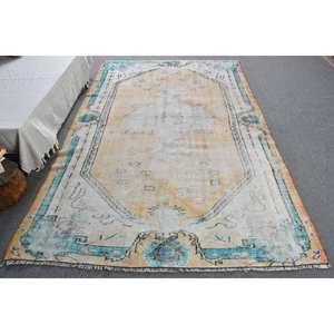 พรมตุรกีโบราณสีเบจสีน้ำเงินขนาด5.7x8.8ฟุตงานเย็บปะแบบคลาสสิกห้องนอนขนแกะขนาด10มม. โถงทางเดินสี่เหลี่ยมผืนผ้า - Product Image 1