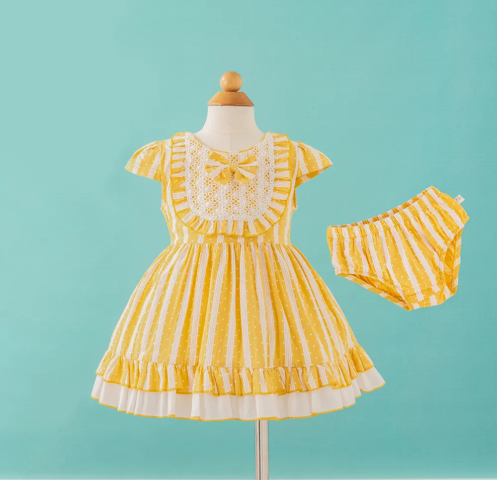 Robes personnalisées à rayures en tartan citron pour nouveau-nés ensemble deux pièces robe d'été pour tout-petits filles barboteuse robe de Pâques en coton à volants en dentelle pour bébés