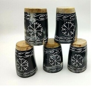 Ensemble de cor à boire Viking poli de qualité supérieure verre court corne de buffle naturelle corne de boeuf agate texturée Style animal - Product Image 1