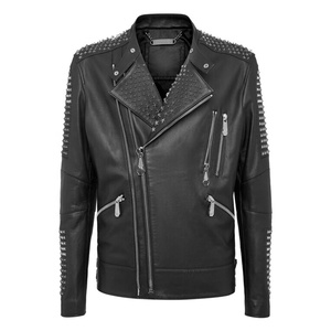 Veste cloutée en cuir pour homme, nouveau Style motard noir en peau de vache véritable - Product Image 1