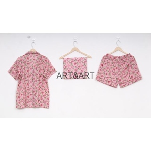 Pyjama court d'été pour femmes ensemble main bloc imprimé coton vêtements de nuit doux avec caractéristique thermique fait à la main pour les femmes - Product Image 3