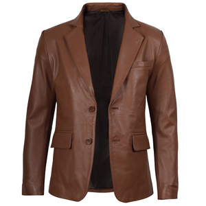 <b>Men</b>’s Cognac <b>Leather</b> <b>Blazer</b> Jacket Notch Lapel Two Button Slim Fit Coat - Product Image 4