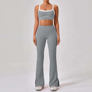 Women's 2-Piece Blue Yoga Set High-Waisted Flared <b>Leggings</b> with Contrast Trim <b>Crop</b> Top Pilates Athleisure Workout Wear OEM - Product Image 3