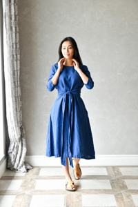 Vestido largo bohemio de lino azul, manga larga, abrigo convertible, patrón sólido, cintura Natural, tela tejida ecológica, línea A, Verano - Product Image 4