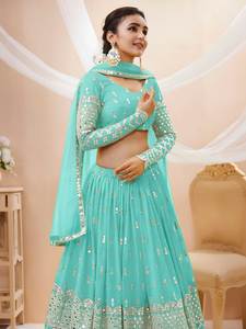 Lehenga Choli en Georgette de Polyester Bleu Aqua, Broderie Zari et Paillettes, Manches Brodées Évasées de 3,5 m, Longueur Ras du Sol, Séchage Rapide, Style Bollywood - Product Image 4