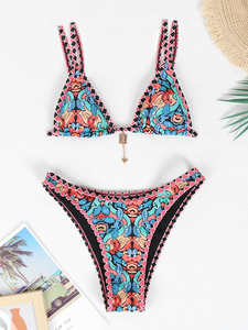 Conjunto de Bikini Halter sexy con estampado floral personalizado para mujer Traje de baño y ropa de playa con corte de agujeros automatizado de 2 piezas - Product Image 6