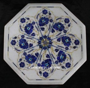Standard Quality Most Beautiful White <b>Marble</b> Octagonal Shape Blue Lapis Lazuli Flower Inlay <b>Table</b> <b>Top</b> With Finishing Quality - Product Image 1