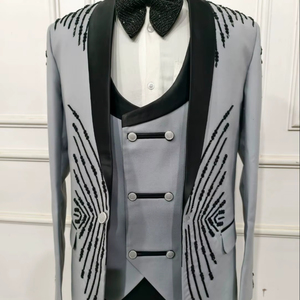 Men's 3 Piece Grey Wedding Suit Custom Made Premium Cotton Embroidered Country Western <b>Prom</b> <b>Party</b> Cocktail Outfit - Product Image 1