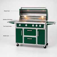 Barbecue à gaz vert émeraude sur chariot en acier inoxydable avec armoire de rangement et roues