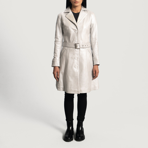 Classic long leather trench coat for women with smooth texture and belt for cold weather - Product Image 4