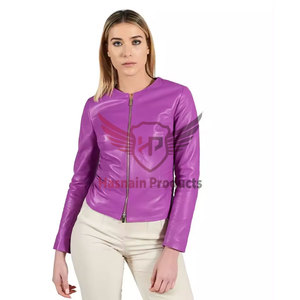 Womens Real Purple <b>Leather</b> <b>Jacket</b> Collarless Crew Neck Sheepskin Coat Zipper Front Side Pockets Slim Fit Custom Outwear New Look - Product Image 2