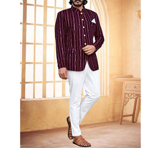 2024 última venta caliente hombres 3 piezas esmoquin traje de boda bordado azul cuello mandarín doble botonadura traje de pana a rayas - Product Image 4