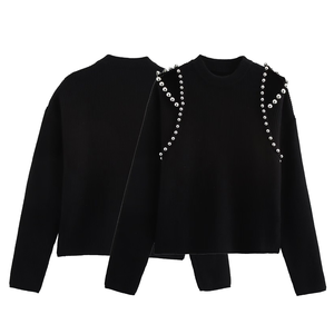 เสื้อสเวตเตอร์ถักสีดำสำหรับผู้หญิงแขนยาวแบบสวมหัวประดับด้วยลูกปัดไข่มุกเสื้อใส่ให้ความอบอุ่นแบบลำลองสำหรับฤดูหนาวหรูหรา - Product Image 1