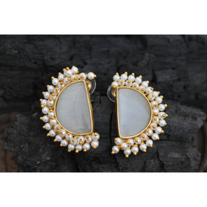 new designer latest fashion trending goldplated light <b>weight</b> stone stud <b>hoop</b> Brass Earrings for girls and women - Product Image 3