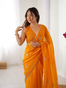NUEVO SAREE ATRACTIVO DE COLOR AMARILLO, IDEAL PARA FIESTAS Y EVENTOS, CON BLUSA SIN COSTURAR - Product Image 5