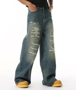 Wholesale Washed Loose Fit <b>Trousers</b> Streetwear Hip-hop Distressed Custom Logo Straight <b>Baggy</b> Denim High Quality Pants Jeans <b>Men</b> - Product Image 3