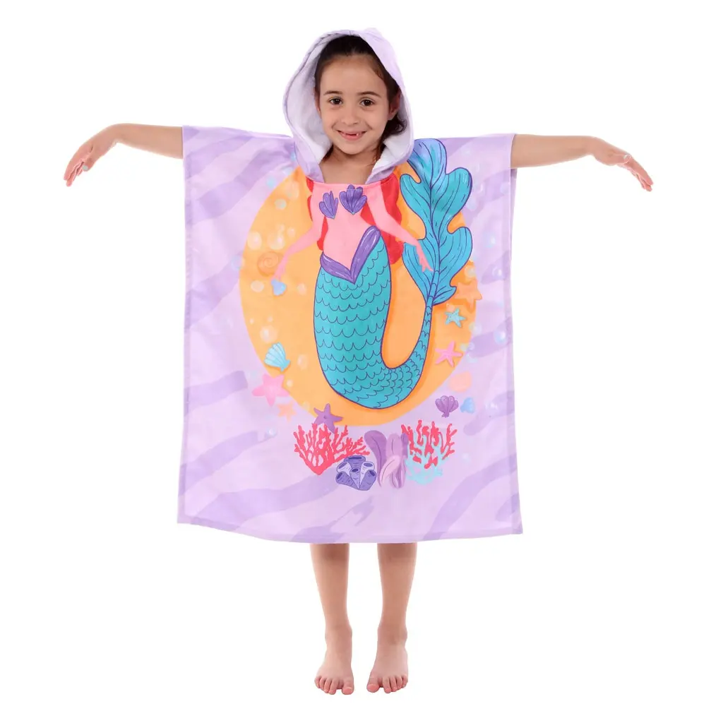 Mermaid Printed Kids Kids Poncho Beach Towel Wholesale Kid Bath Robe Luxury Hooded Bathrobe 60% Cotton 40% Polyester