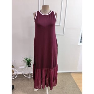 Women's Strappy Round Neck Long <b>Viscose</b> Two-Thread <b>Dress</b> with Chiffon Hem Detail, 35081 - Burgundy - Product Image 5