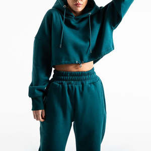 Sudadera con capucha y pantalones deportivos de algodón de 2 piezas para mujer, Conjunto personalizado de chándal de invierno de manga larga con patrón sólido - Product Image 4