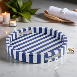 Handmade Resin Serving Tray Riviera Ronde Blue White <b>Pattern</b> Decorative Kitchen Vanity Desk Living Room Gift Beverage Tableware - Product Image 1