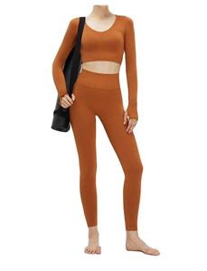 Ensemble de yoga pour femmes de haute qualité, pantalon de yoga sans couture, tenue de fitness, haut court à manches longues, leggings froncés, ensemble de yoga féminin - Product Image 2