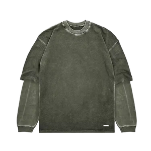 T-shirt vintage à manches longues double couche en coton délavé à l'acide de bonne qualité OEM logo imprimé pour hommes - Product Image 1